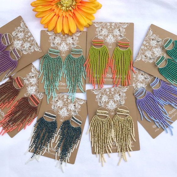 Fringe Earrings Boho Dusters Southwest Western Dangles Hand Beaded Silver Hoops - Picture 3 of 6